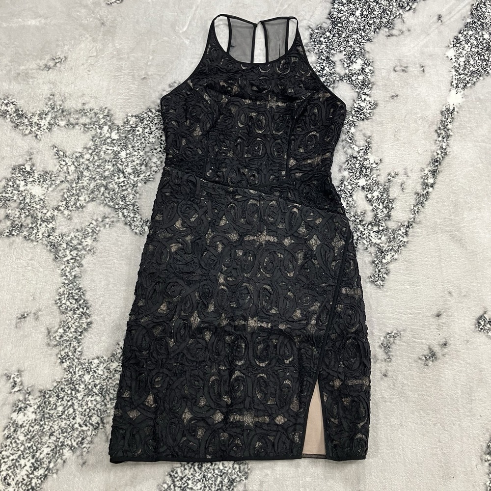 BCBGMAXAZRIA Dress Womens Size 4 Black Rosette Mesh Bodycon Cocktail Sheath